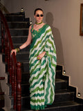 Green & White Wavy Print Linen Cotton Saree