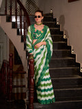 Green & White Wavy Print Linen Cotton Saree
