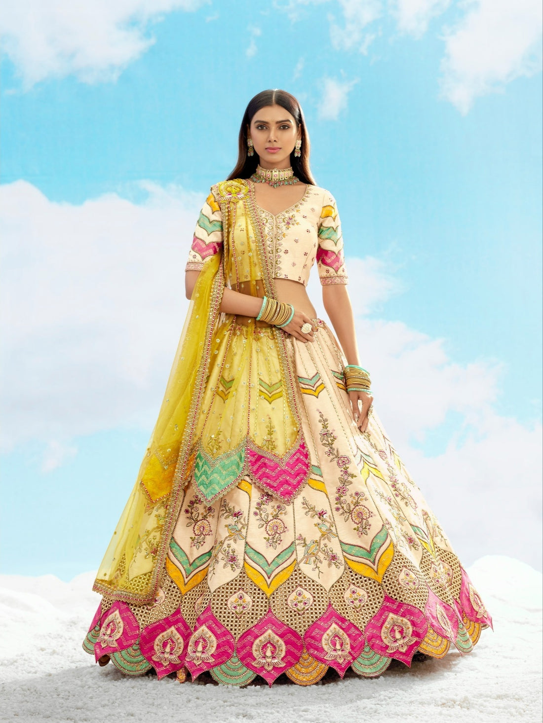 Ivory & Yellow Heavy Embroidered Wedding Lehenga