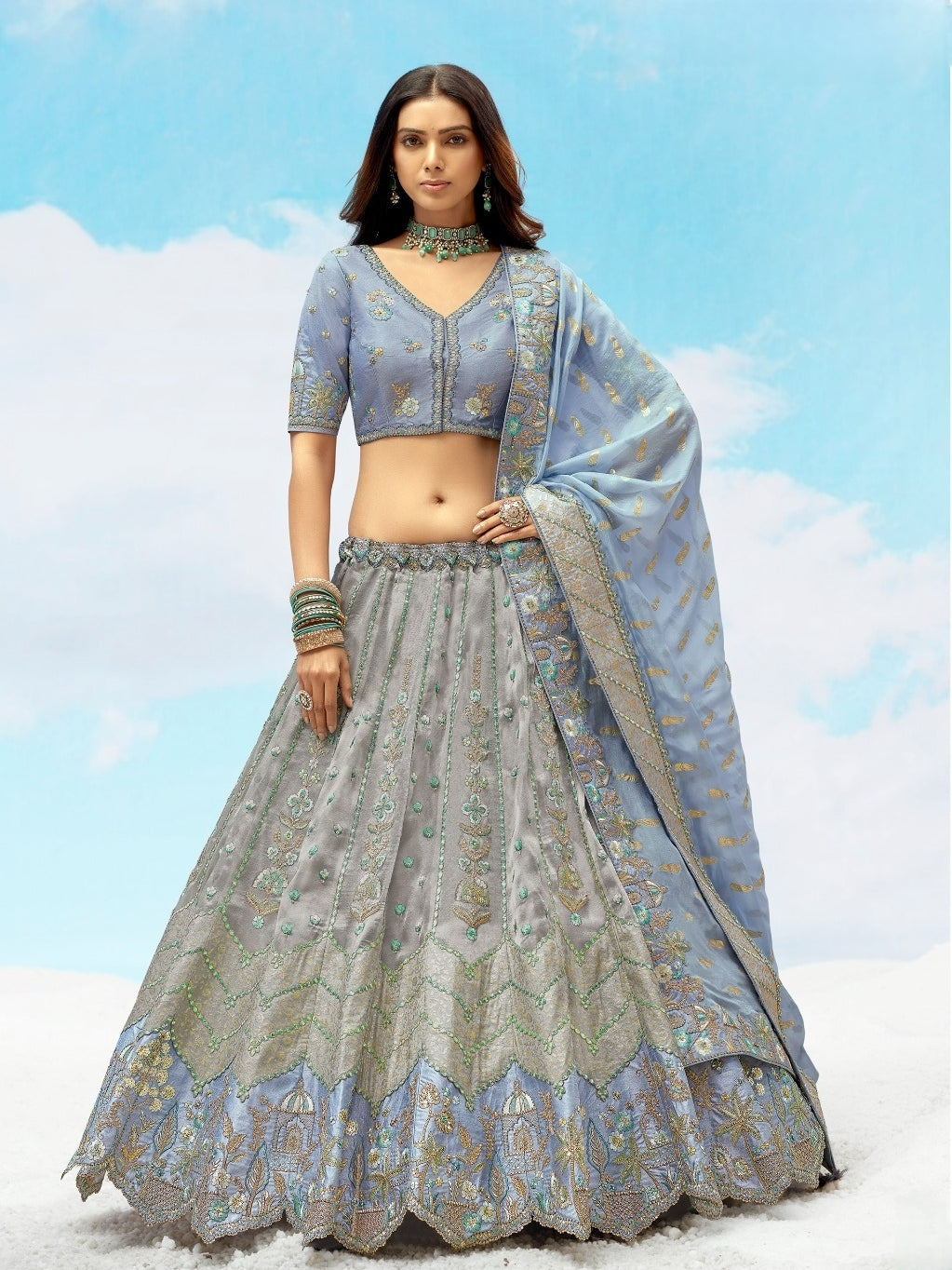 Light Blue & Silver Heavy Embroidered Wedding Lehenga