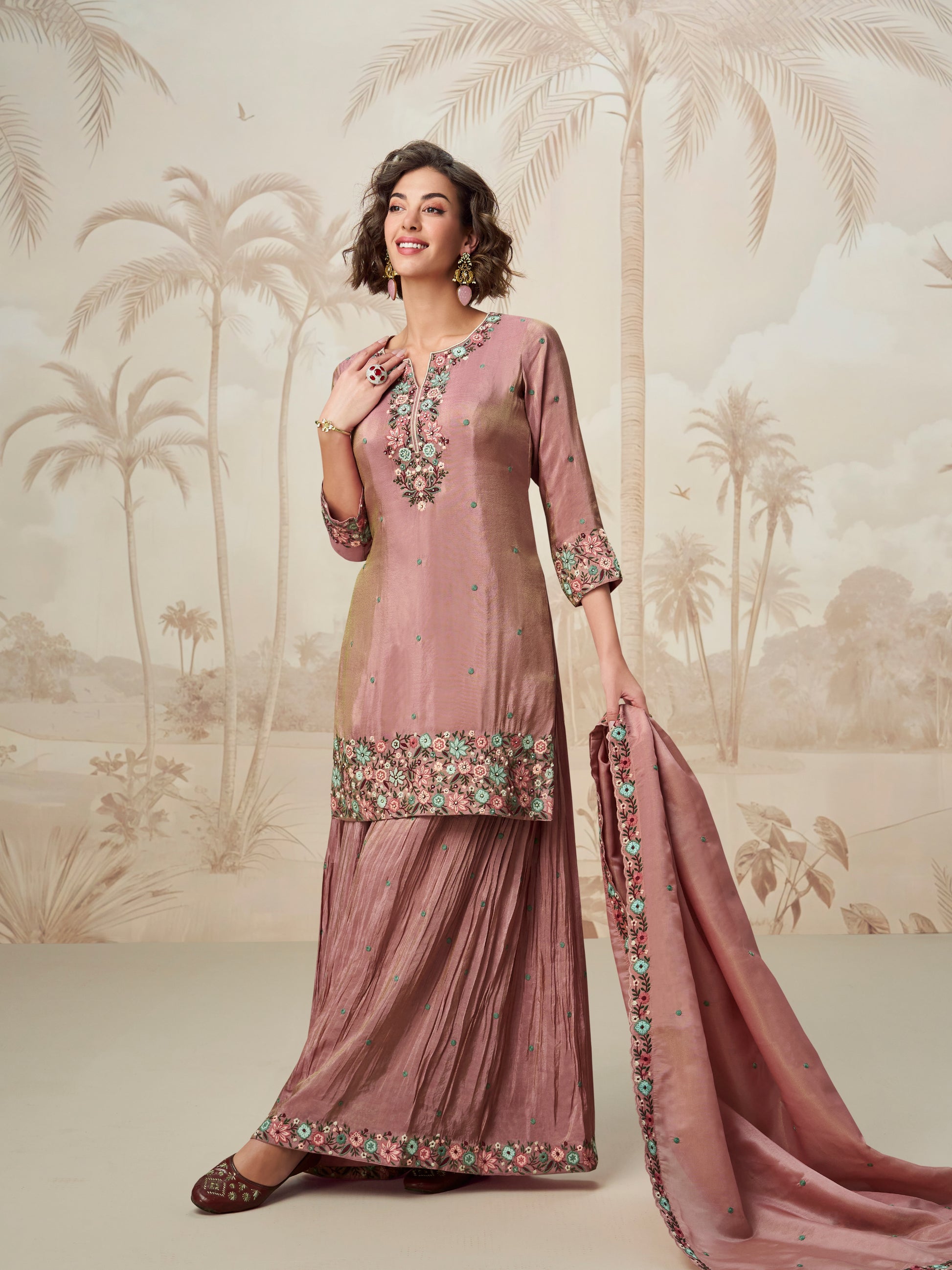 Mauve embroidered palazzo suit front view