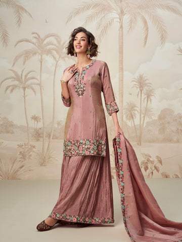 Mauve embroidered palazzo suit front view