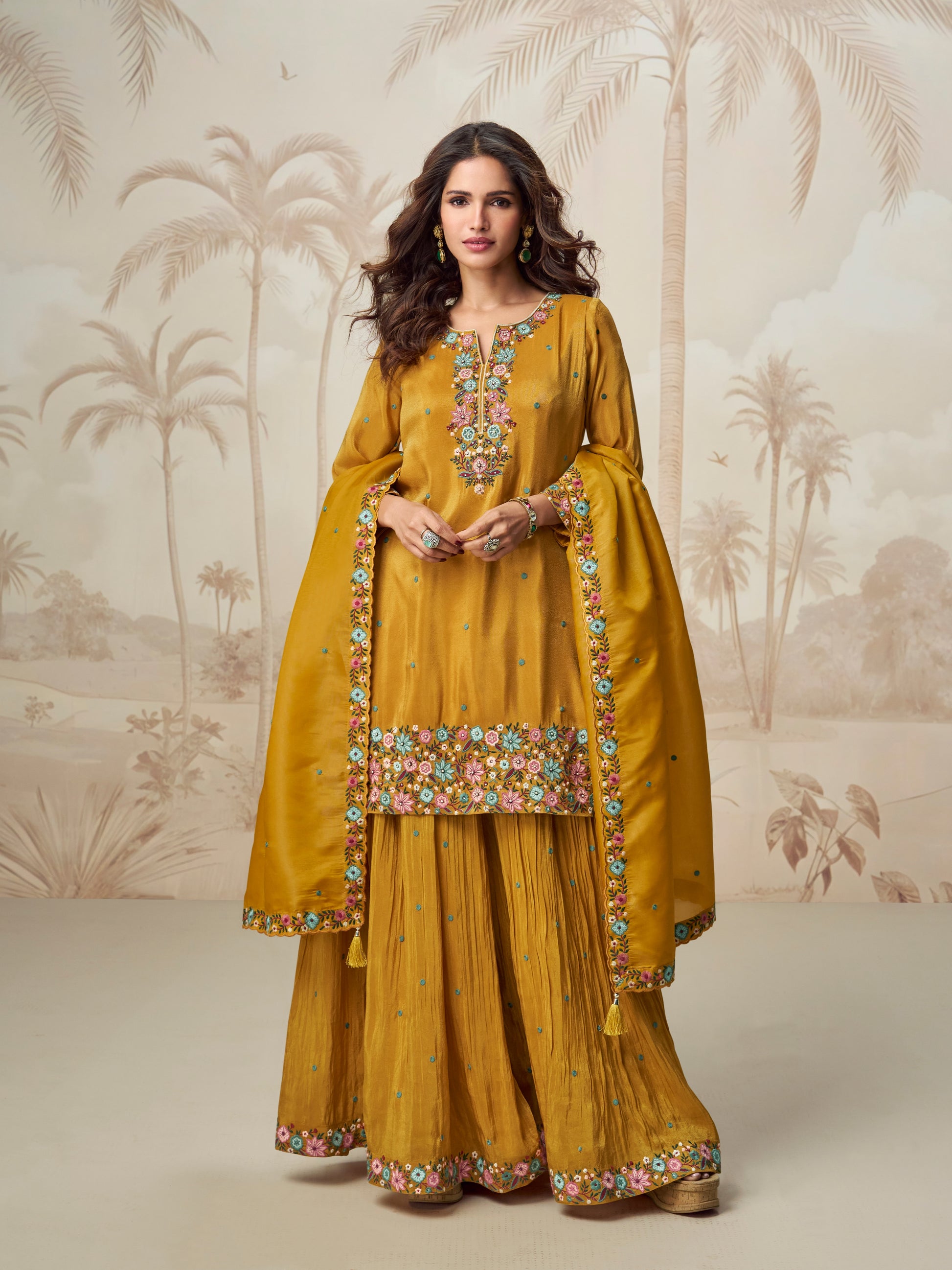 Mustard yellow embroidered palazzo suit front view