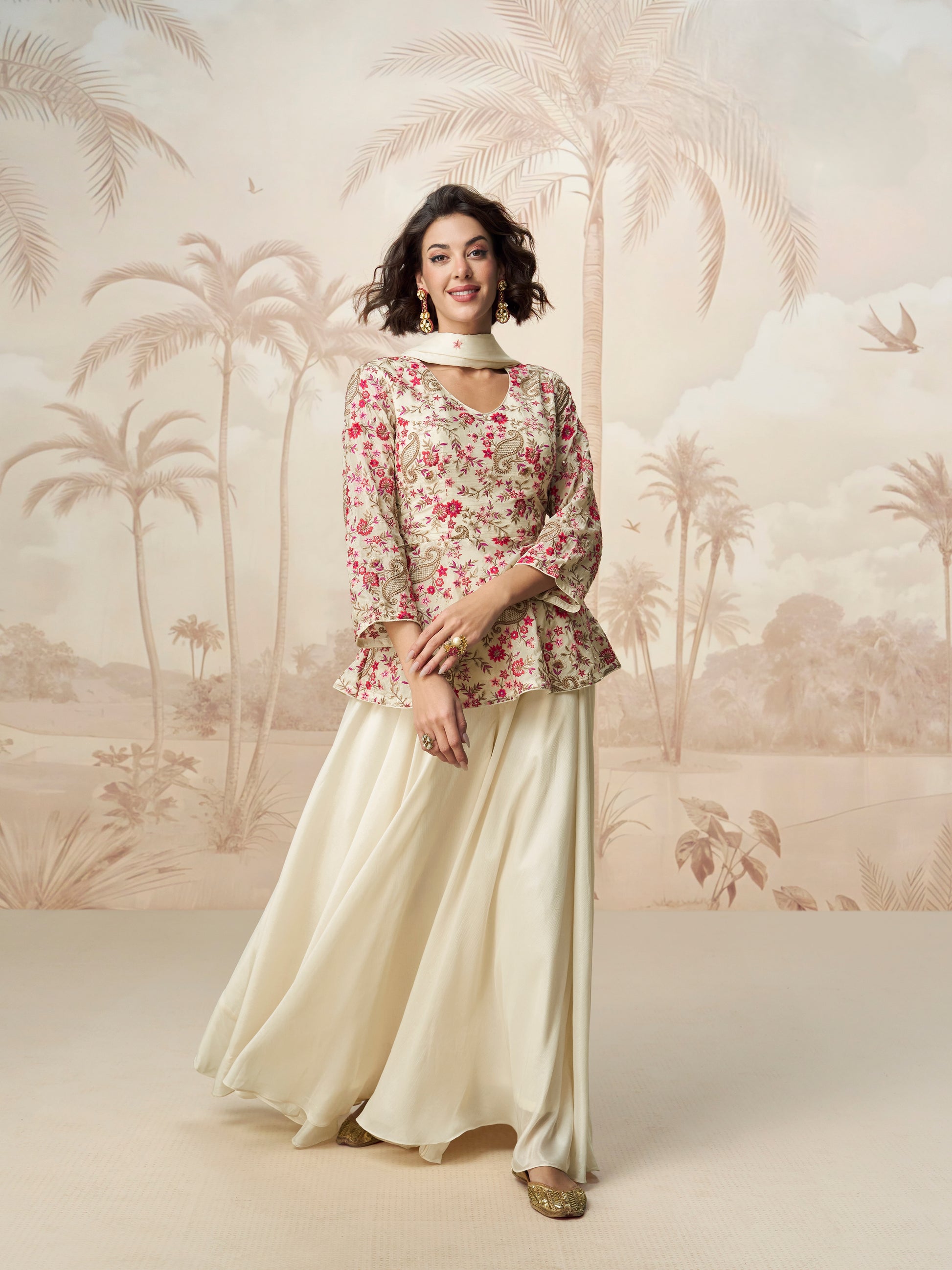 Ivory Palazzo Suit Front View in Chinnon Silk with Floral Embroidery
