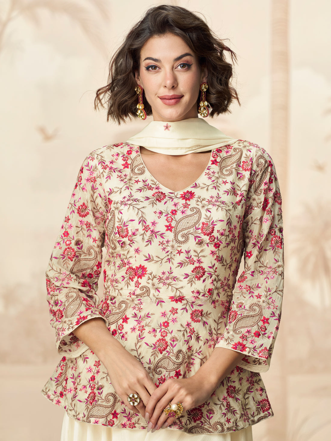 Ivory Palazzo Suit Front View in Chinnon Silk with Floral Embroidery