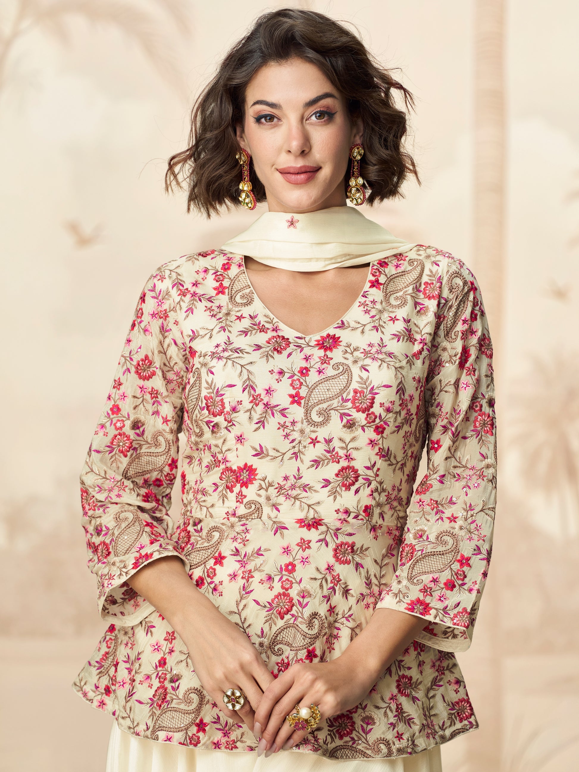Designer Ivory Embroidered Palazzo Suit with Dupatta