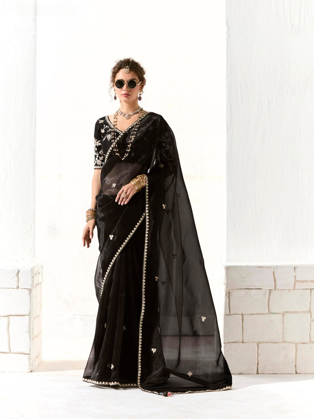 Black Organza Tissue Saree with Heavy Embroidered Border and Designer Blouse