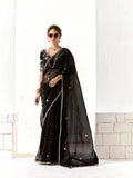 Black Organza Tissue Saree with Heavy Embroidered Border and Designer Blouse