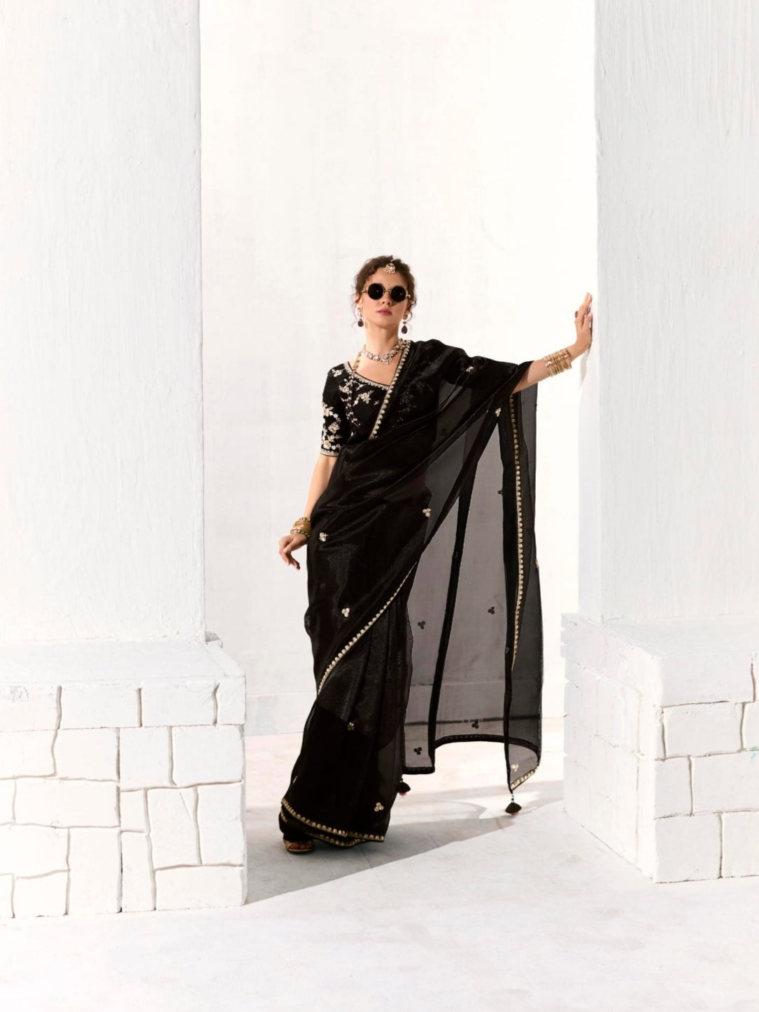 Party Wear Black Organza Tissue Saree with Heavy Embroidery and Stylish Blouse