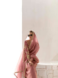 Party Wear Dusty Pink Organza Tissue Saree with Heavy Embroidery and Stylish Blouse