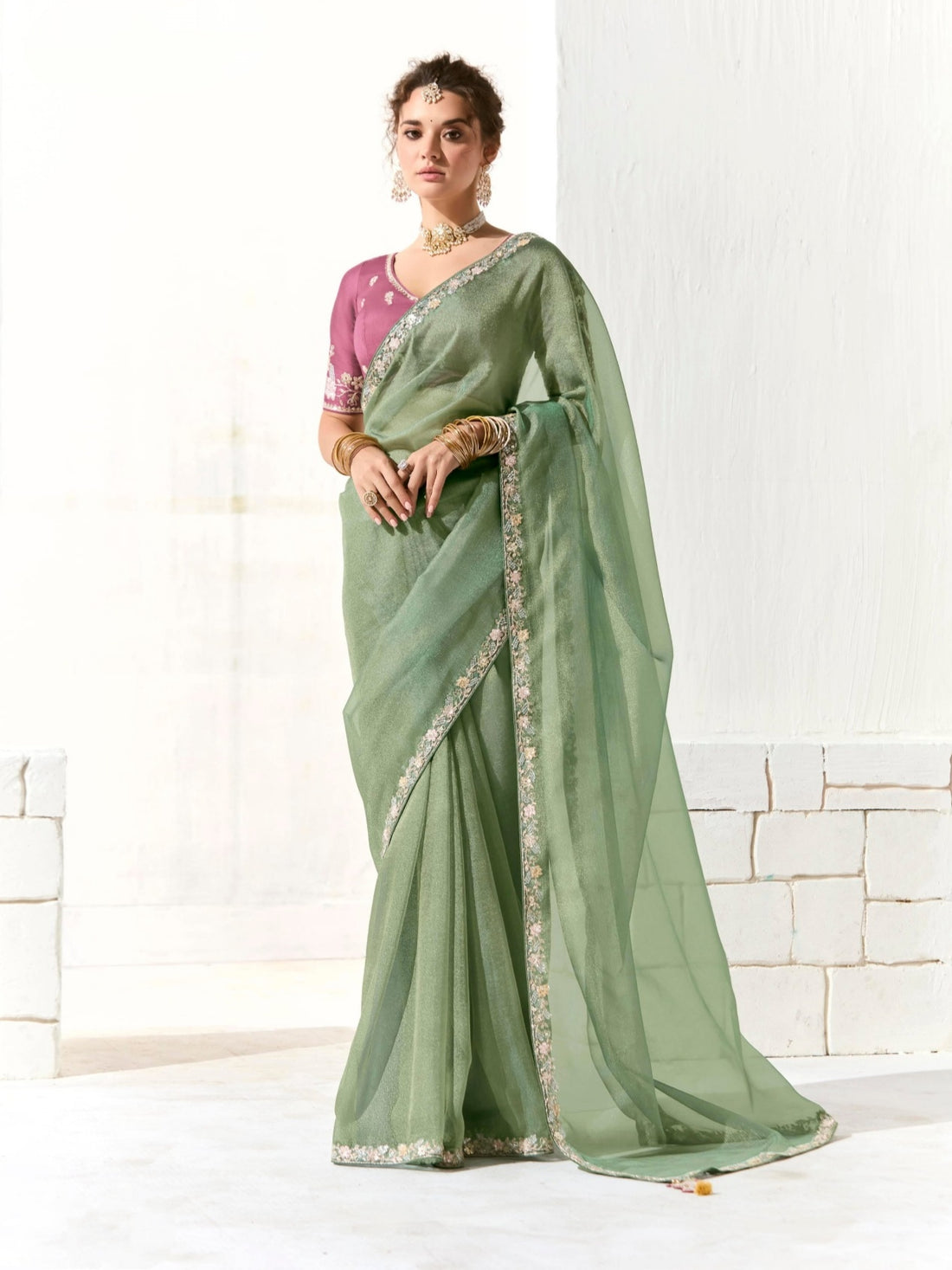 Sage Green Organza Tissue Saree with Heavy Embroidered Border and Designer Blouse