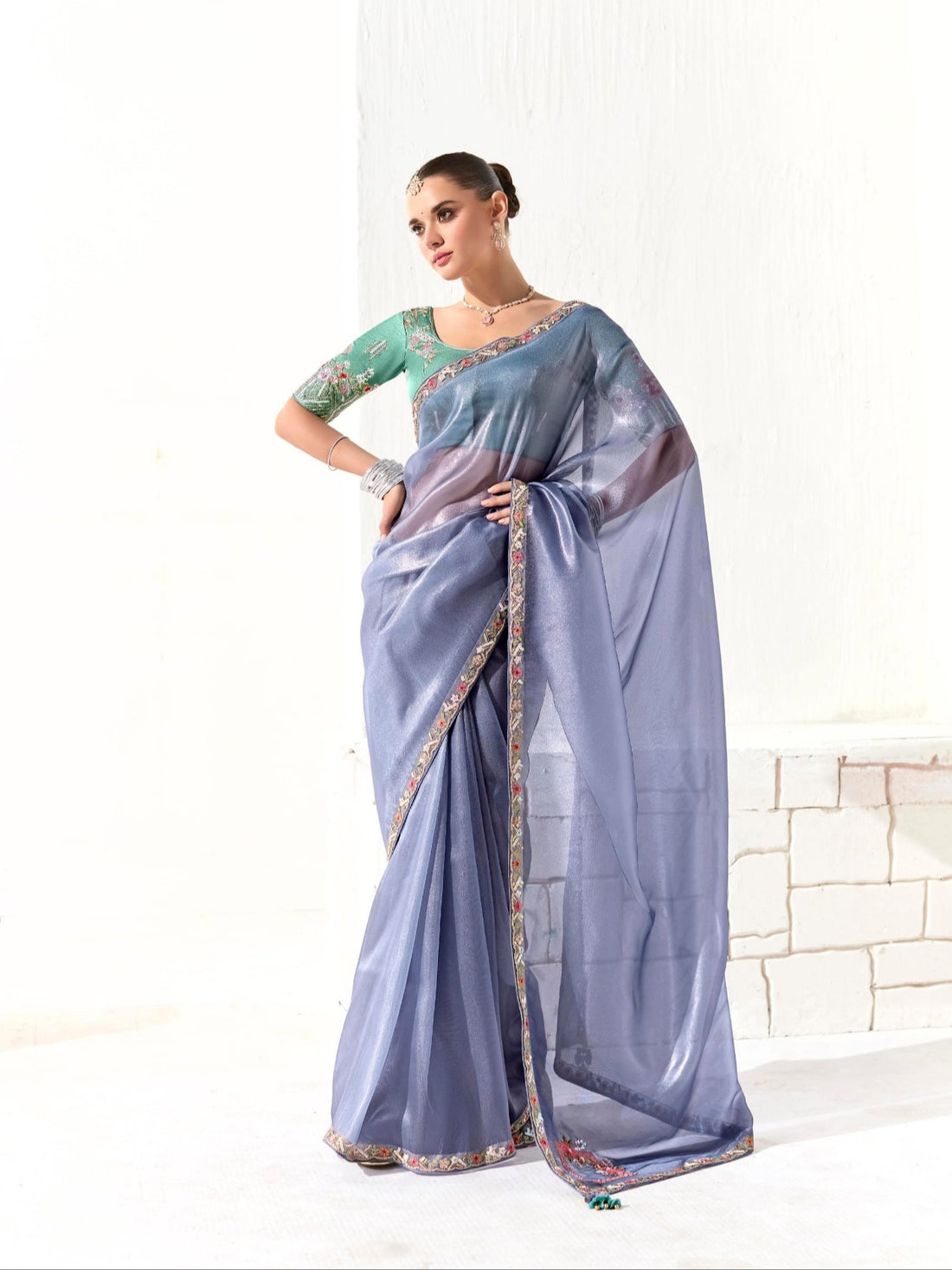 Powder Blue Organza Tissue Saree with Heavy Embroidered Border and Designer Blouse