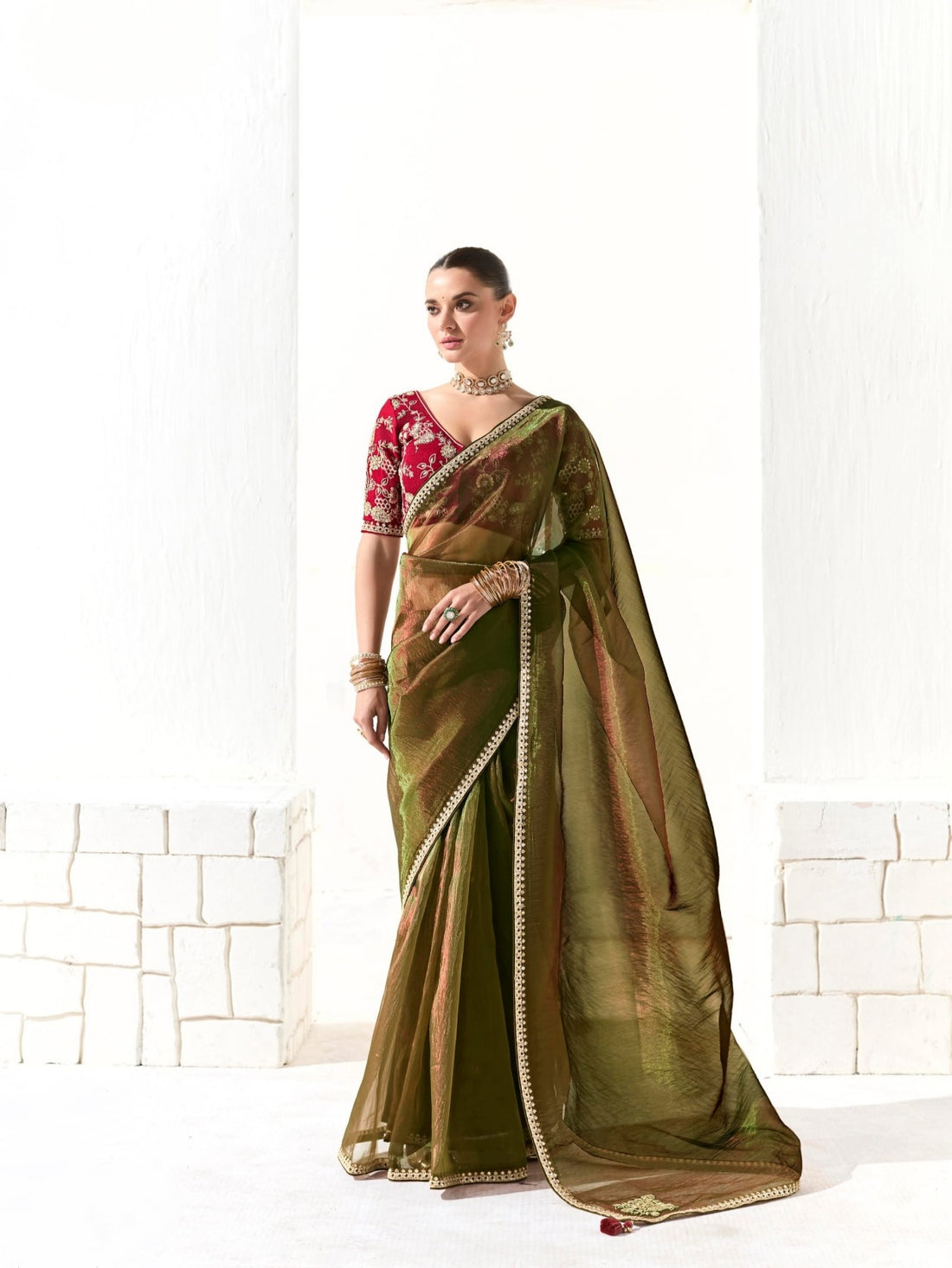 Designer Olive Green Tissue Saree with Intricate Embroidery and Embellished Border