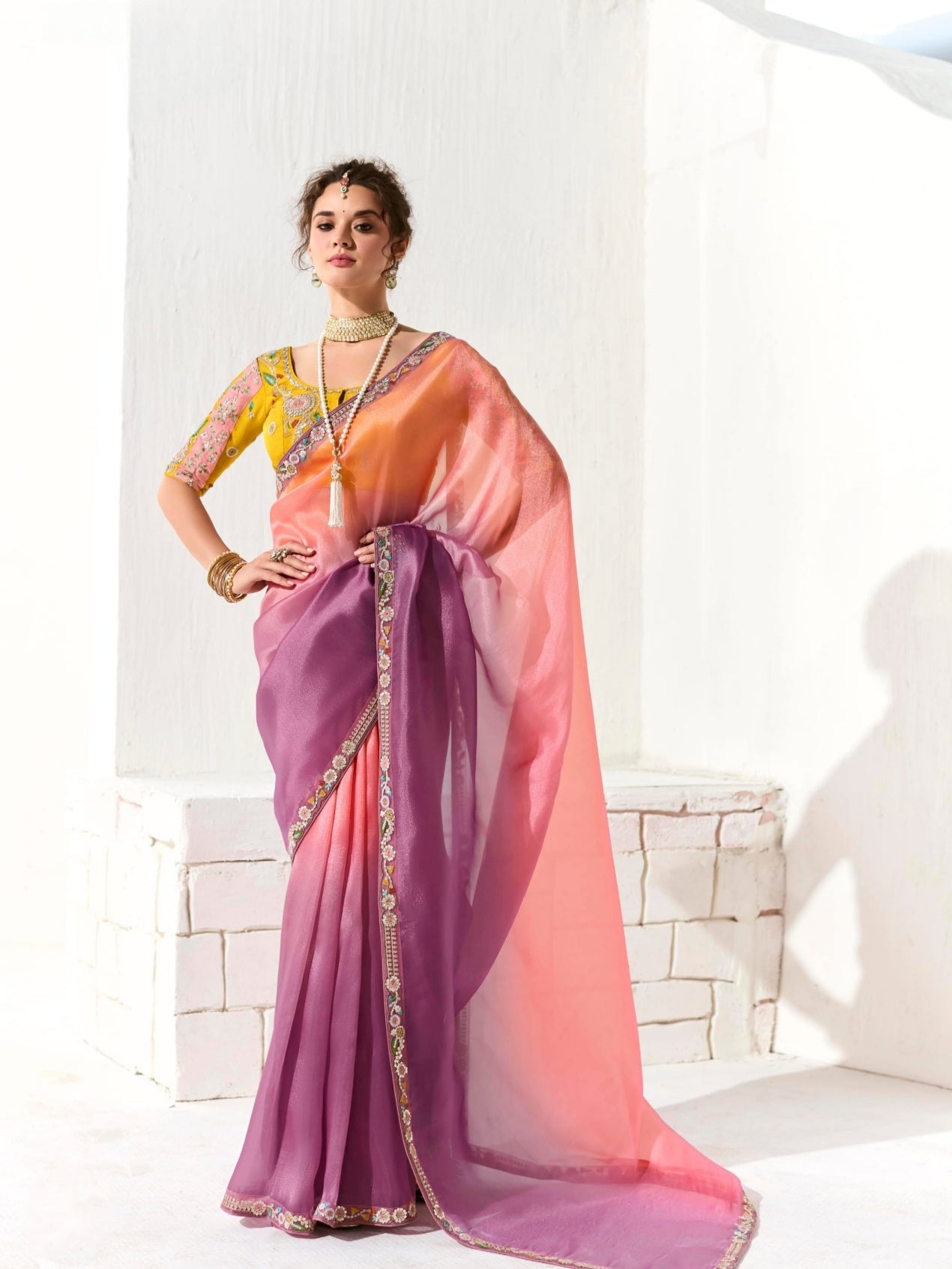 Ombre Orange Organza Tissue Saree with Heavy Embroidered Border and Designer Blouse