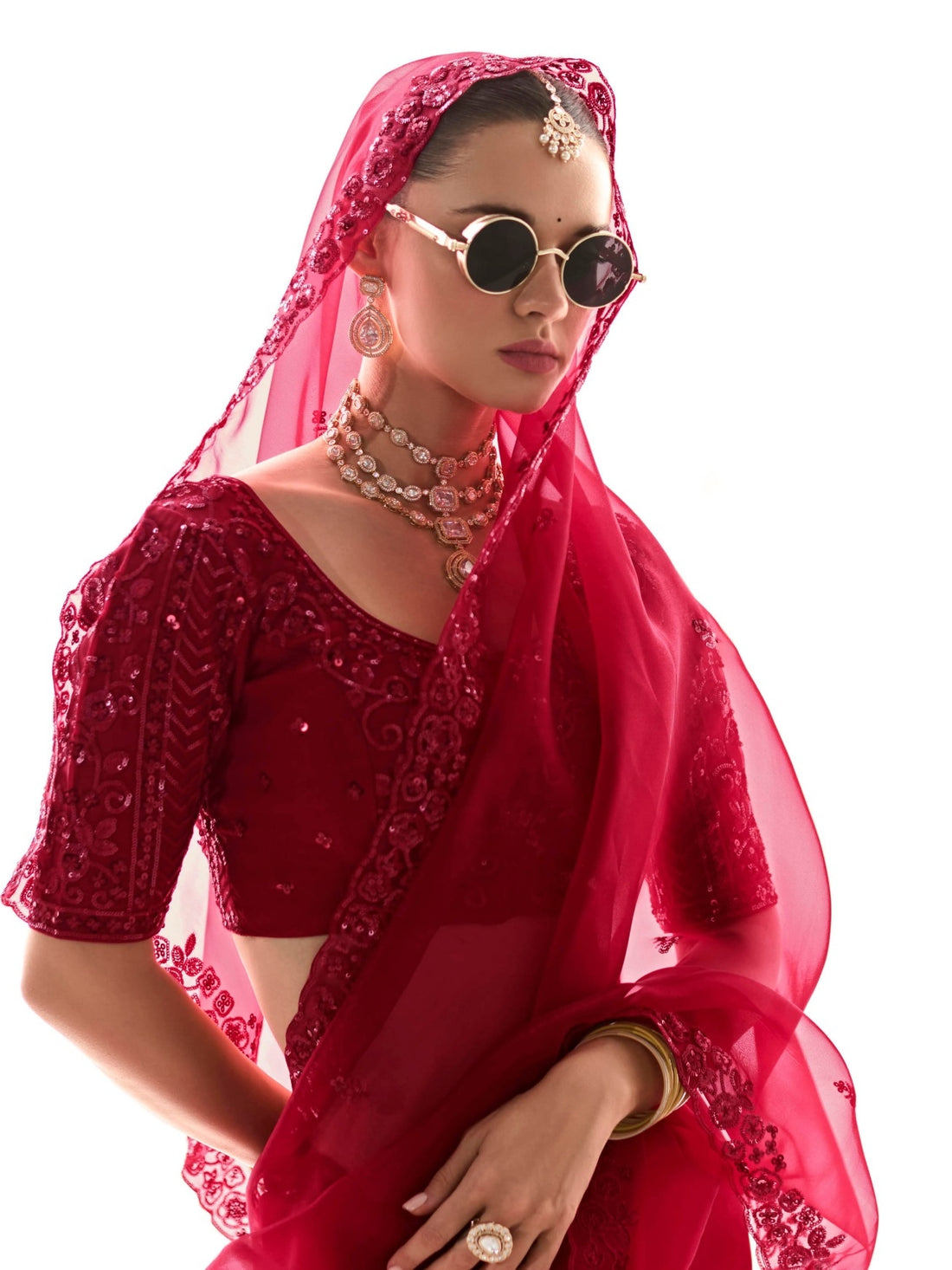 Deep Red Organza Tissue Saree with Embroidered Border