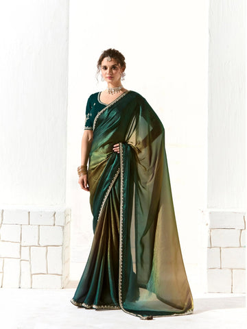 Designer Teal Green Tissue Saree with Intricate Embroidery and Embellished Border