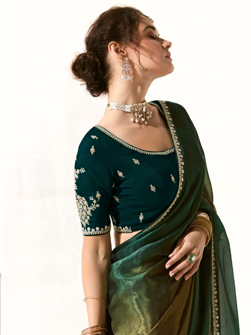 Premium Teal Green Organza Tissue Saree for Weddings and Special Occasions