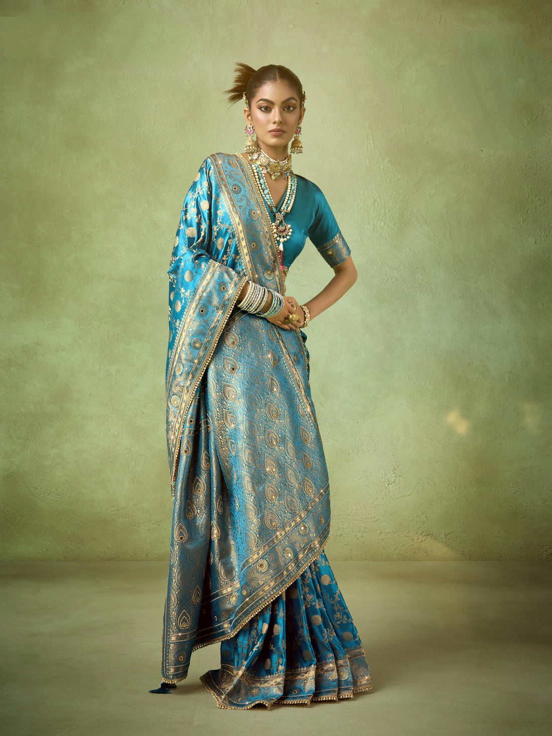 Royal Blue Banarasi Saree Satin Katan with Zircon Lace Border