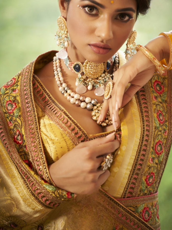 Party Wear Yellow Organza Silk Saree for Women