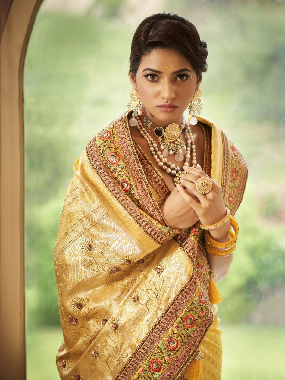 Yellow Organza Silk Saree with Heavy Embroidery Work
