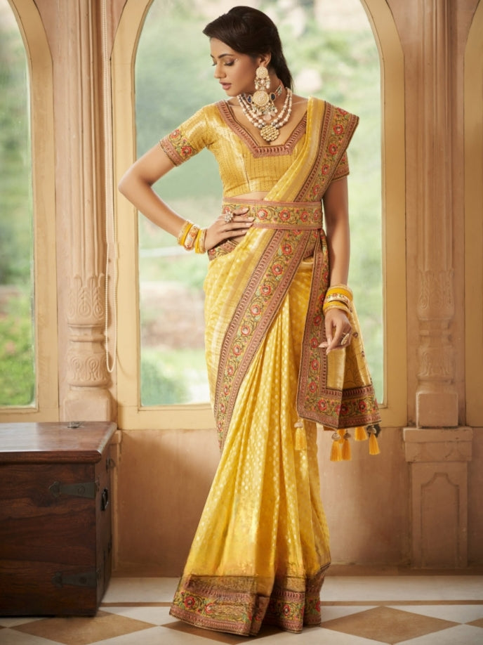 Yellow Organza Silk Saree with Heavy Embroidery Work