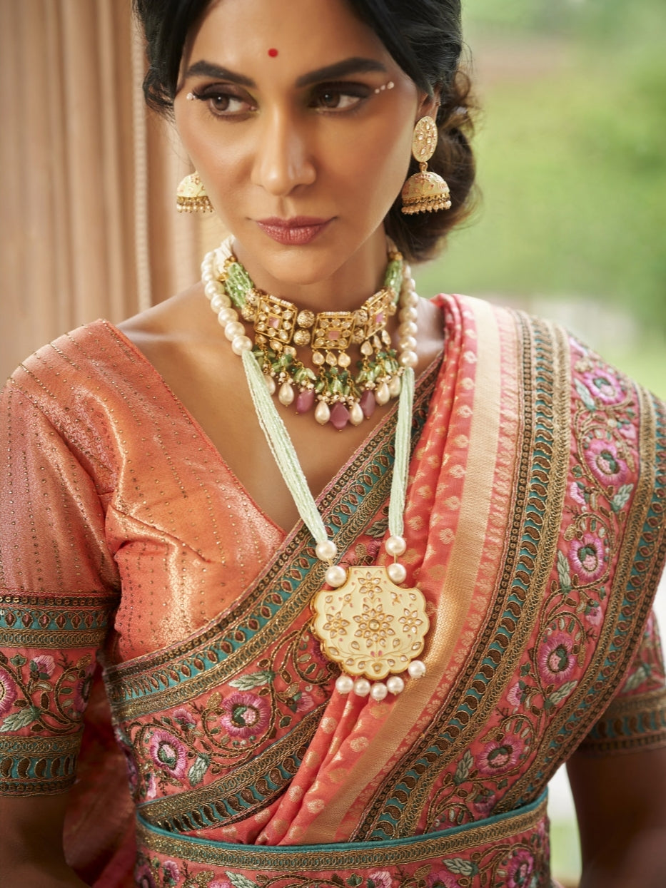 Coral Peach Organza Silk Saree with Heavy Embroidery