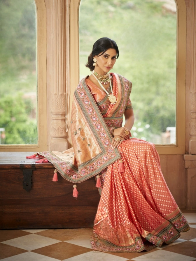 Coral Peach Organza Silk Saree with Heavy Embroidery
