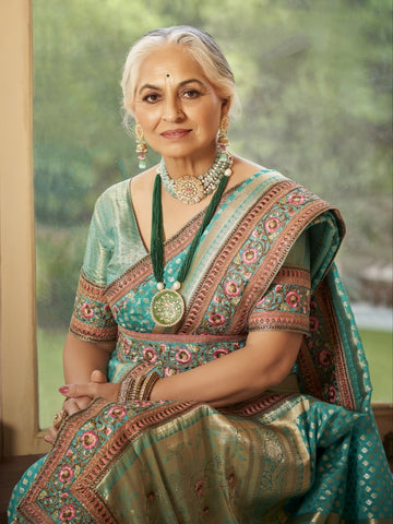 Aqua Blue Organza Silk Saree with Heavy Embroidery