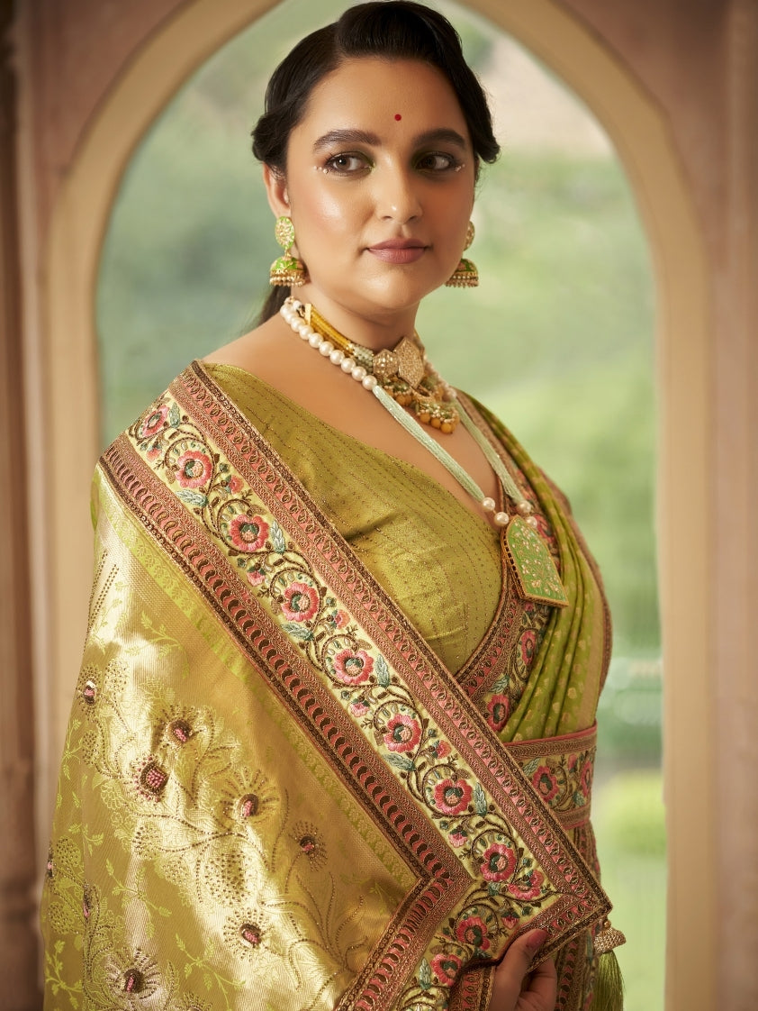 Leaf Green Organza Silk Saree with Heavy Embroidery