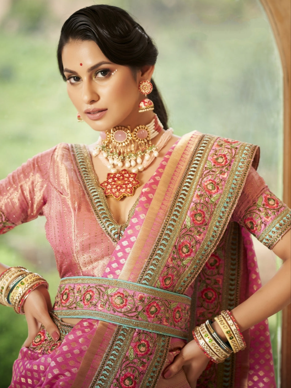 Pink Organza Silk Saree with Heavy Embroidery