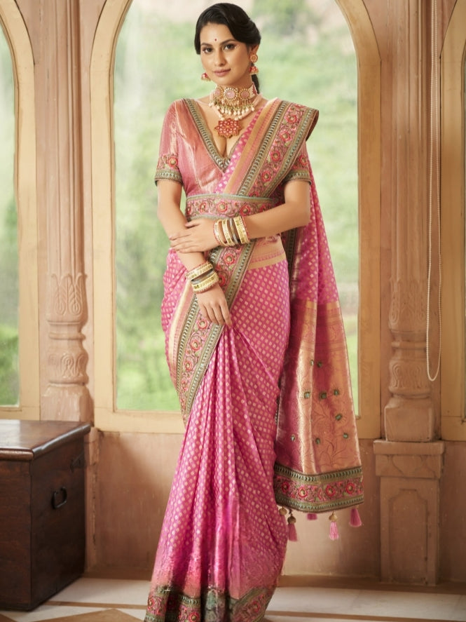Pink Organza Silk Saree with Heavy Embroidery