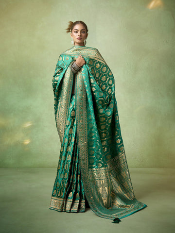 Emerald green bridal saree with Tilfi Zari