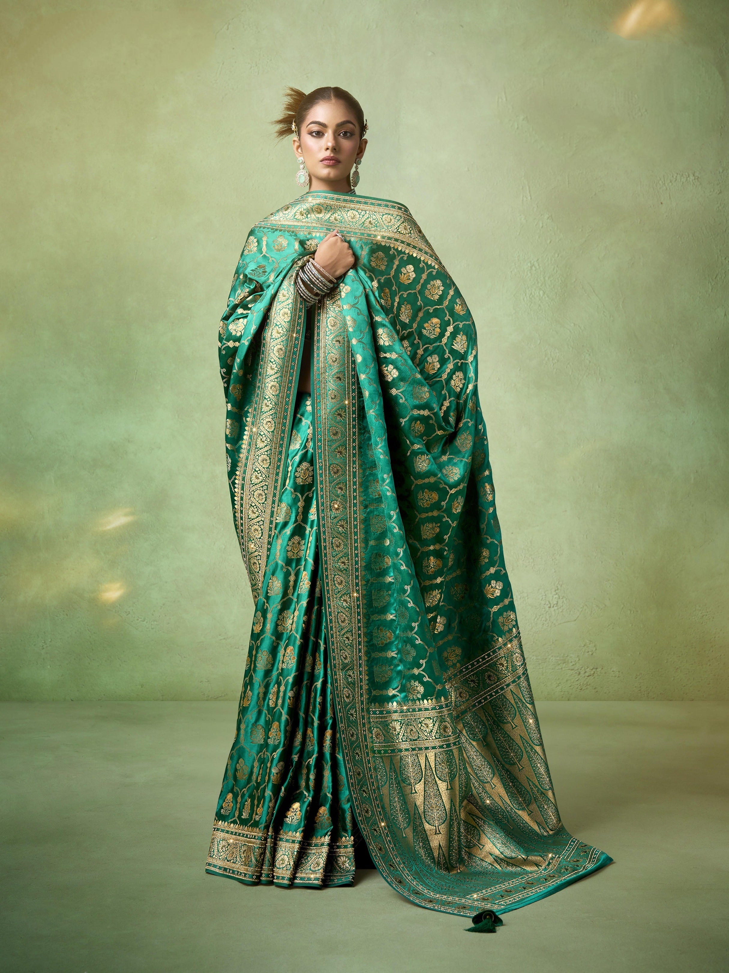 Emerald green bridal saree with Tilfi Zari