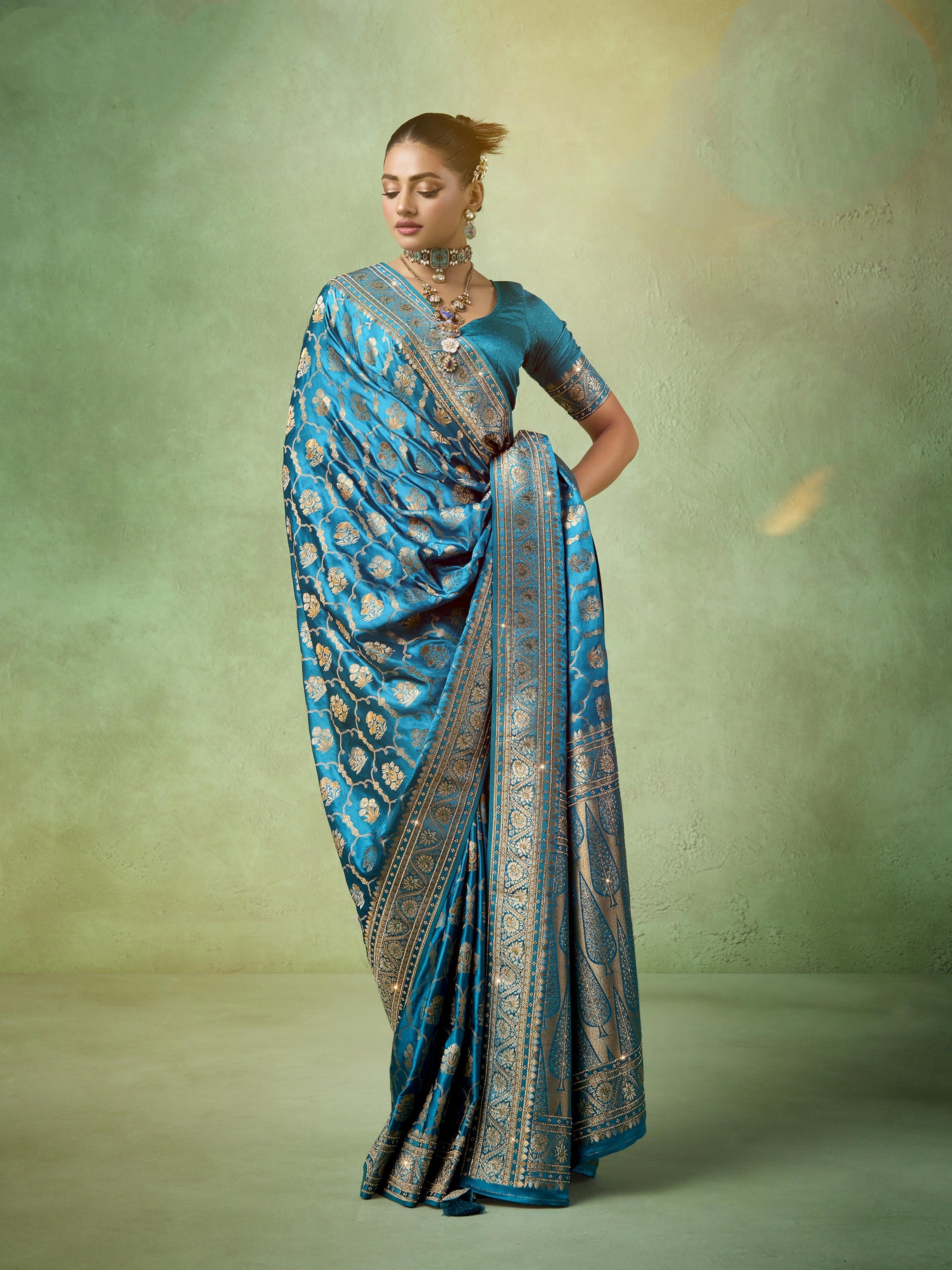 Royal blue Tilfi Zari bridal saree full view