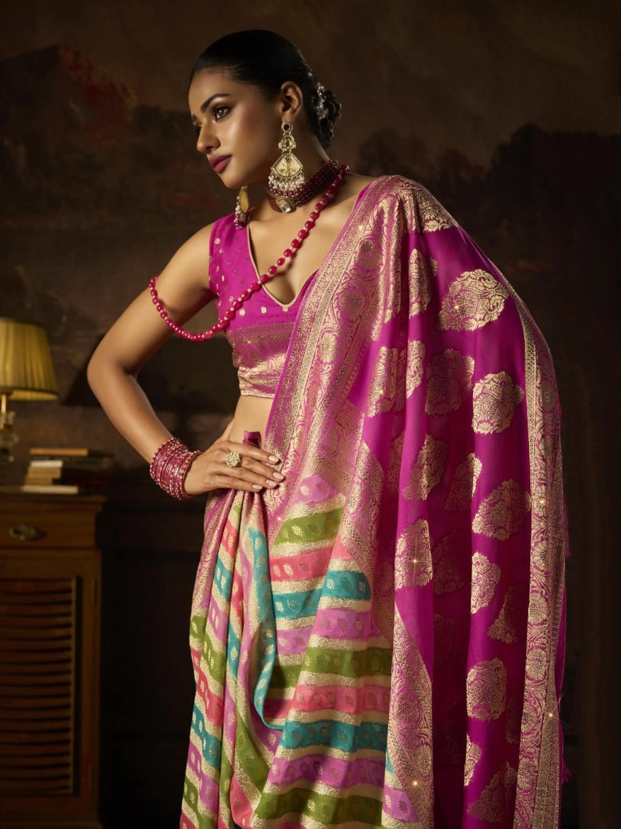 Hand-Brush Print Pink Georgette Saree