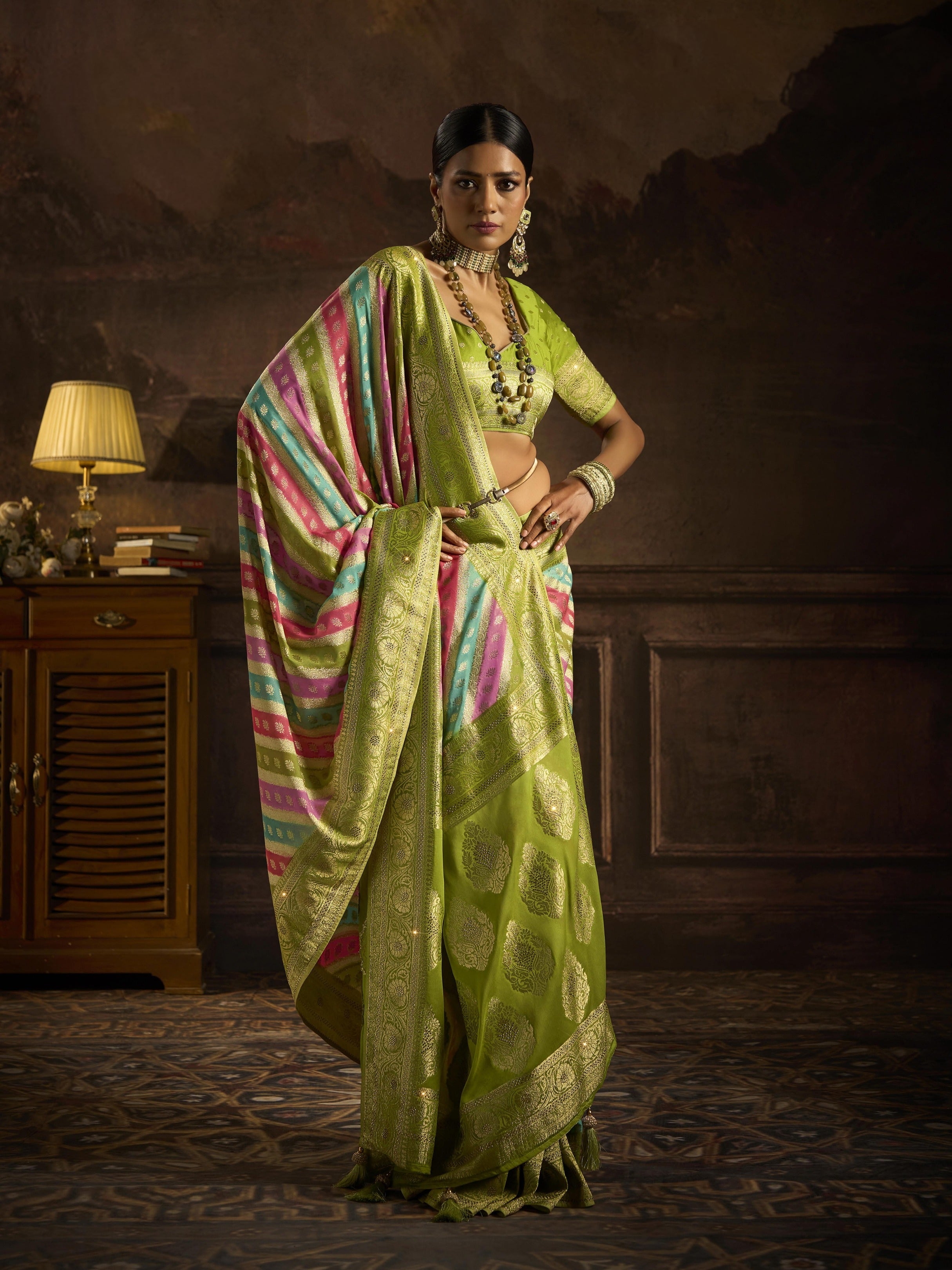 Lime Green Khaddi Georgette Saree with Saroski Work