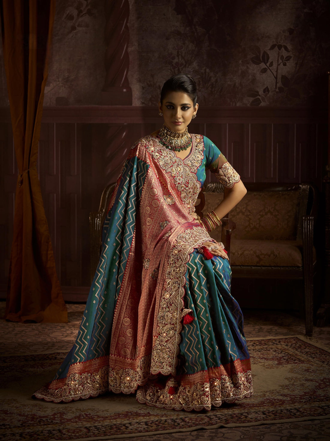 Teal and peach bridal saree with zari