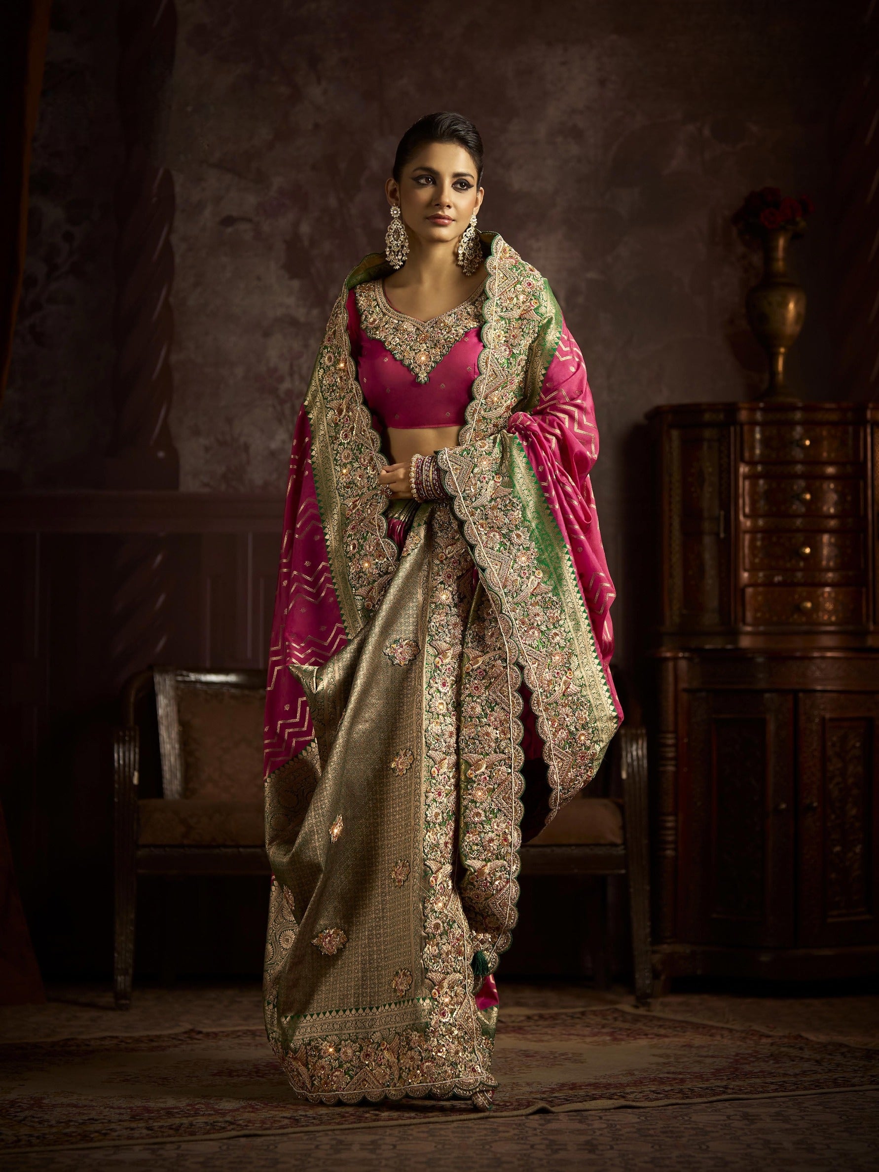 Fuchsia pink and gold bridal saree