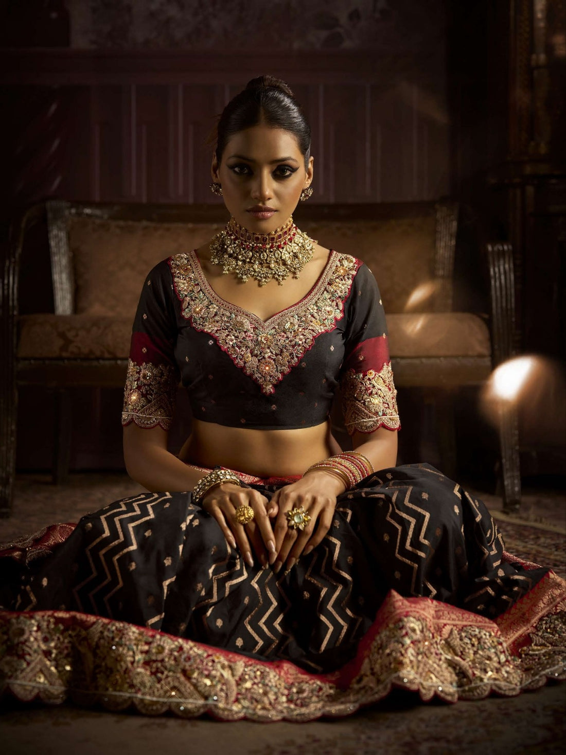 Maroon and black bridal saree with zircon work