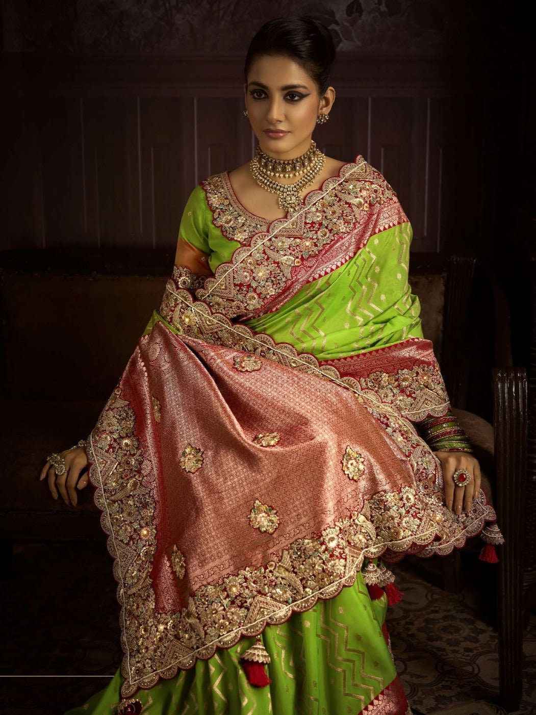 Lime green and peach bridal saree in Taana Silk
