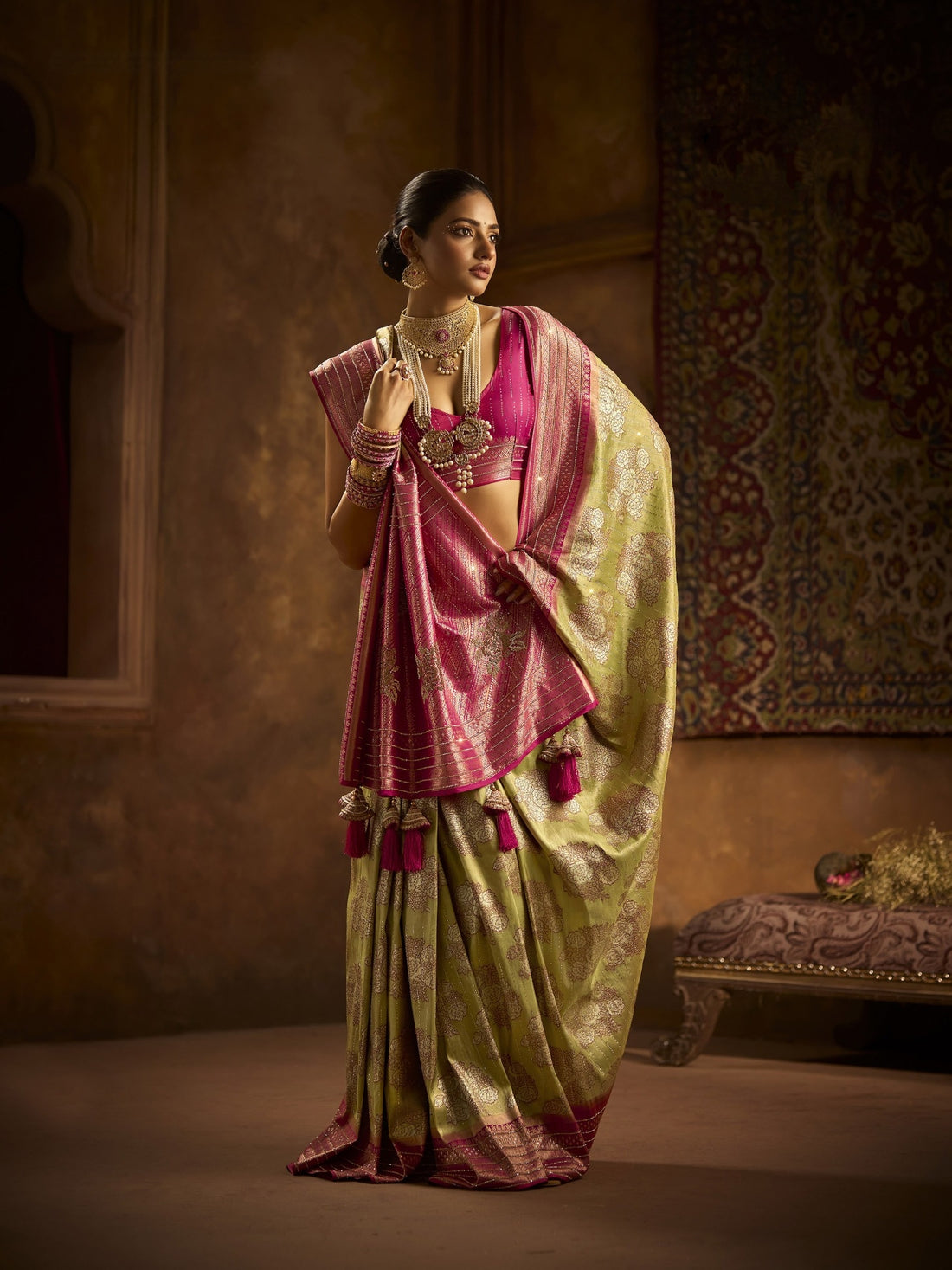 Pink and Light Olive Kanjivaram Saree with Heavy Zarkan Work