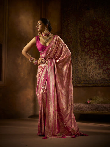 Rose Gold Kanjivaram Saree with Swarovski and Zarkan Work