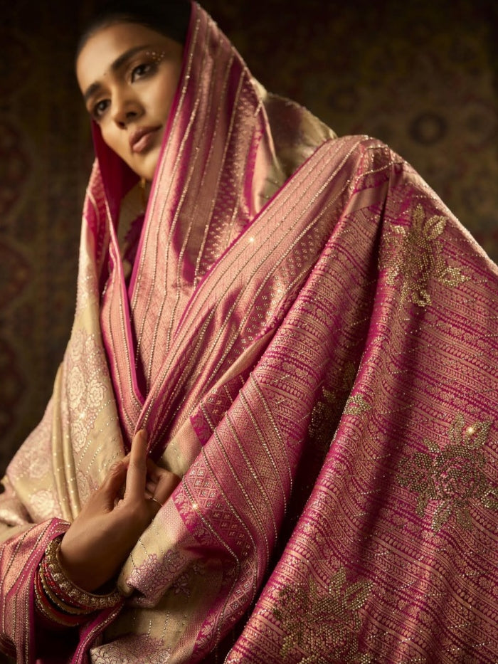 Pink Kanjivaram Saree with Gold Border and Swarovski Work