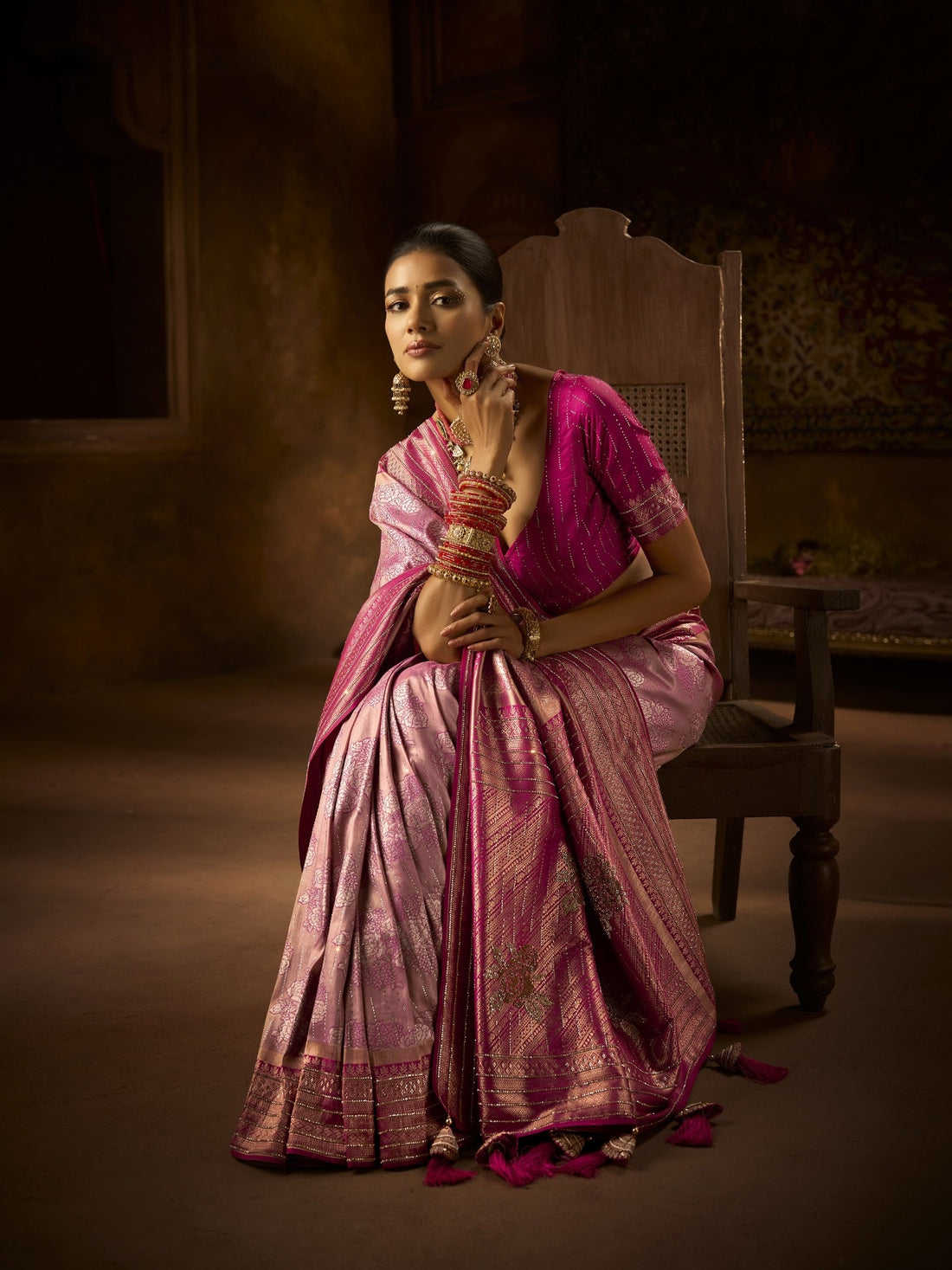 Lavender pink Kanjivaram saree with silver zari
