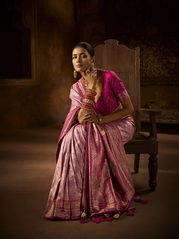 Lavender pink Kanjivaram saree with silver zari