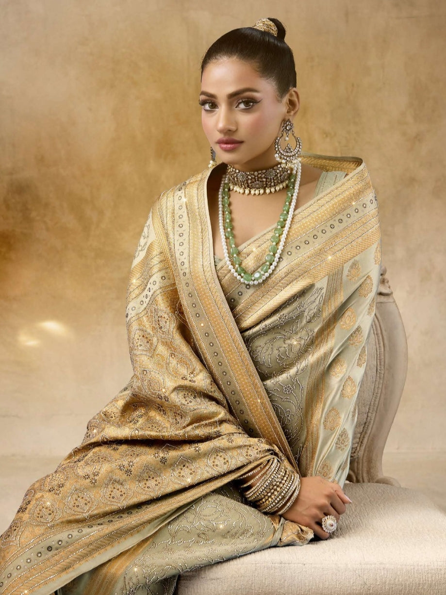Beige Gold Sattan Katan Bridal Saree with Zircon & Saroski Work