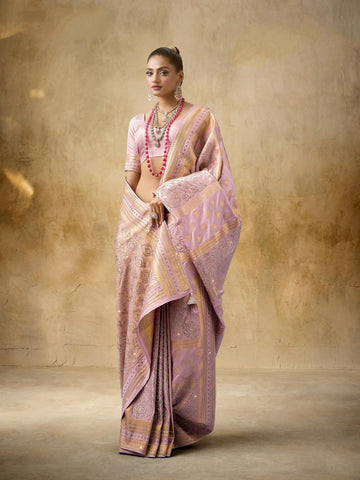 Mauve Pink Bridal Saree in Sattan Katan with Saroski Embroidery