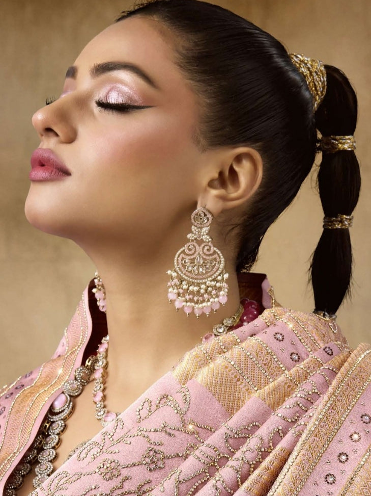 Mauve Pink Bridal Saree in Sattan Katan with Saroski Embroidery