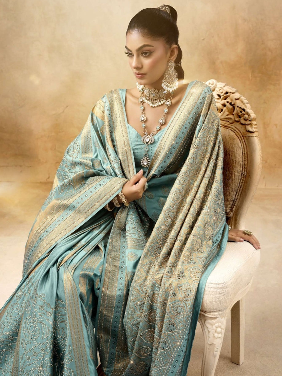 Teal Blue Bridal Satin Saree in Sattan Katan with Saroski Work