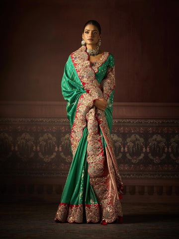 Green & Peach Bridal Silk Saree with Heavy Embroidery & Zircon